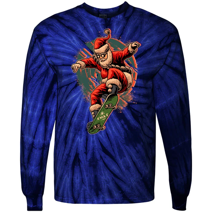 Cool Christmas Skateboarding Santa Claus Tie-Dye Long Sleeve Shirt