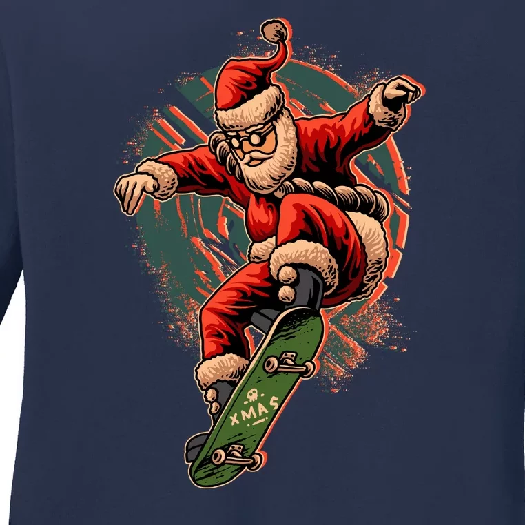 Cool Christmas Skateboarding Santa Claus Ladies Long Sleeve Shirt