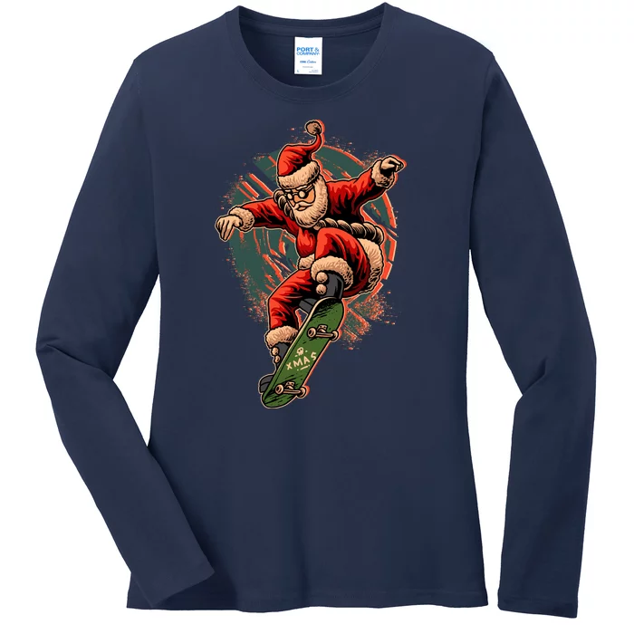 Cool Christmas Skateboarding Santa Claus Ladies Long Sleeve Shirt