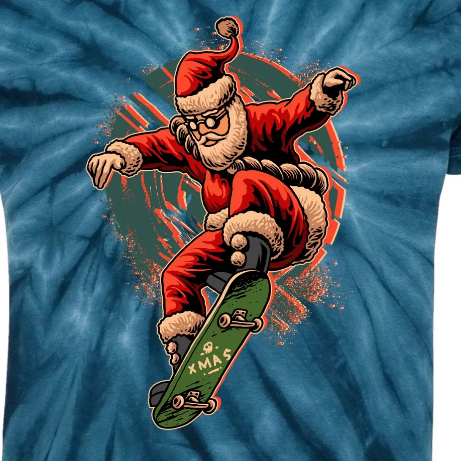 Cool Christmas Skateboarding Santa Claus Kids Tie-Dye T-Shirt