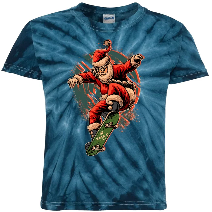 Cool Christmas Skateboarding Santa Claus Kids Tie-Dye T-Shirt