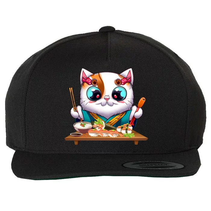 Cute Cat Sushi Chef Kawaii Cat Lover Japanese Neko Gift Wool Snapback Cap