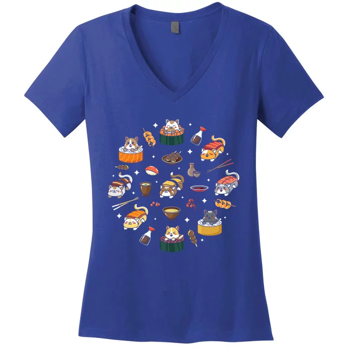 Cute Cat Sushi Roll Funny Japanese Rice Art Chef Cook Kitty Gift Women's V-Neck T-Shirt