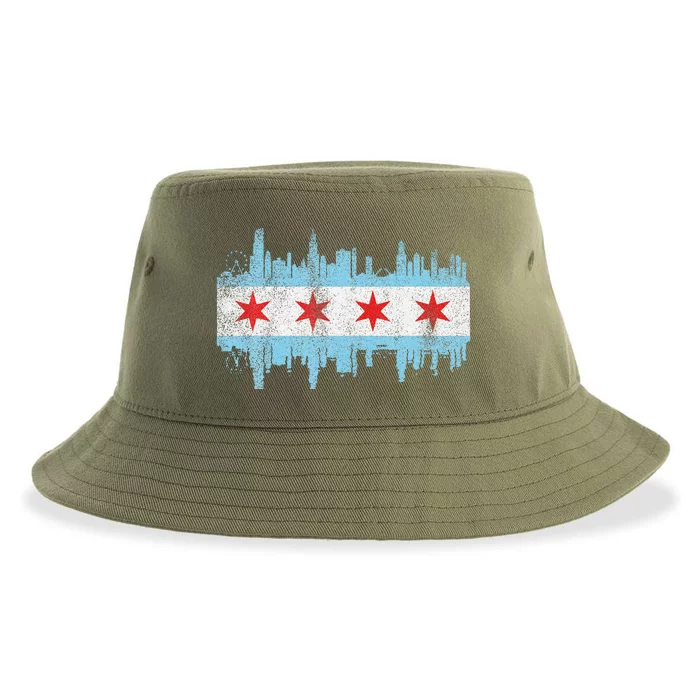 Chicago City Skyline Flag Vintage Chicago City Sustainable Bucket Hat