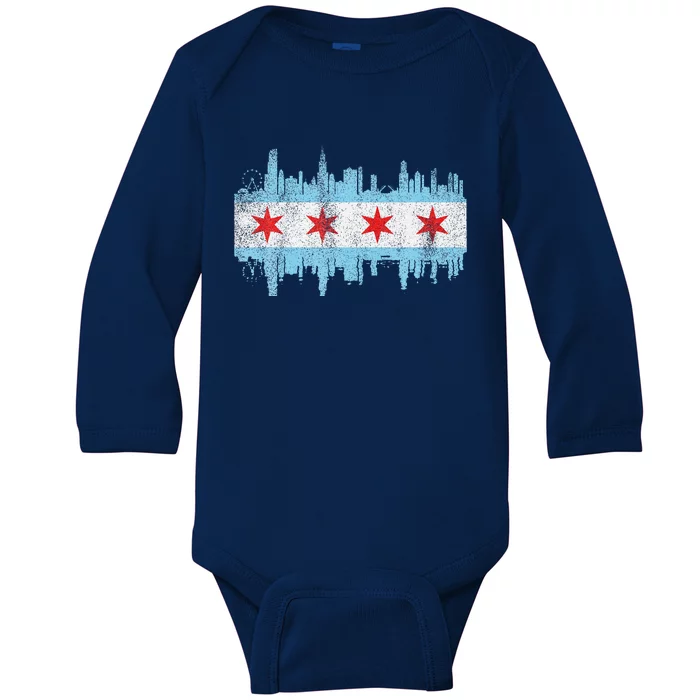 Chicago City Skyline Flag Vintage Chicago City Baby Long Sleeve Bodysuit