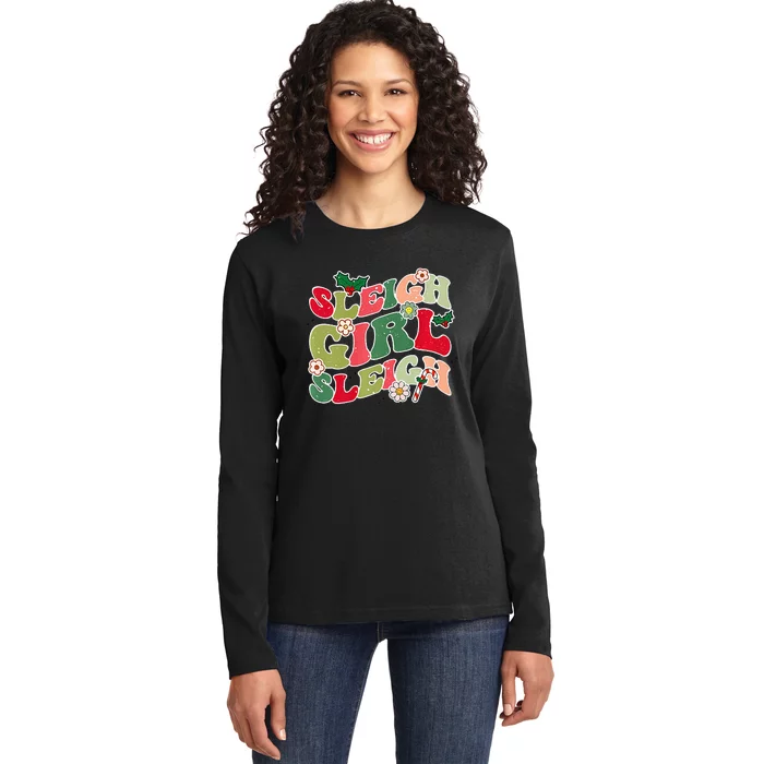 Cute Christmas Sleigh  Sleigh Retro Holiday Design Ladies Long Sleeve Shirt