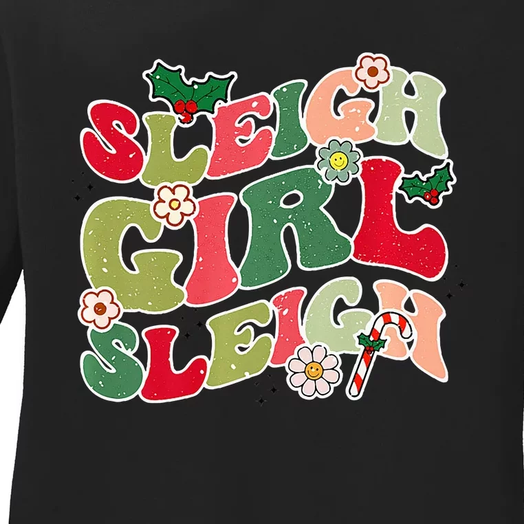 Cute Christmas Sleigh  Sleigh Retro Holiday Design Ladies Long Sleeve Shirt