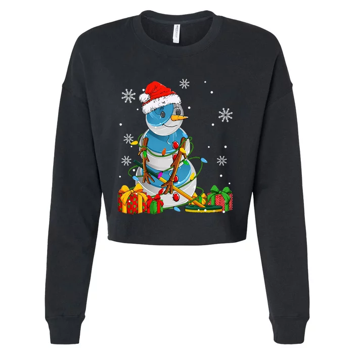 Curling Christmas Snowman Wearing Santa Hat Pajamas Cropped Pullover Crew