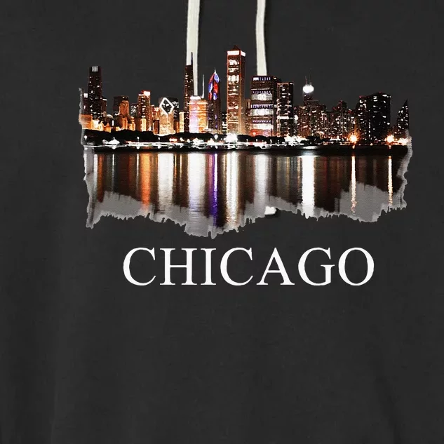 Chicago City Skyline Lights At Night Chicago Illinois USA Garment-Dyed Fleece Hoodie