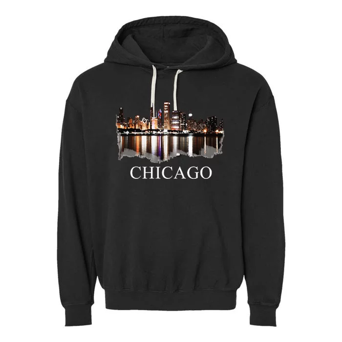 Chicago City Skyline Lights At Night Chicago Illinois USA Garment-Dyed Fleece Hoodie