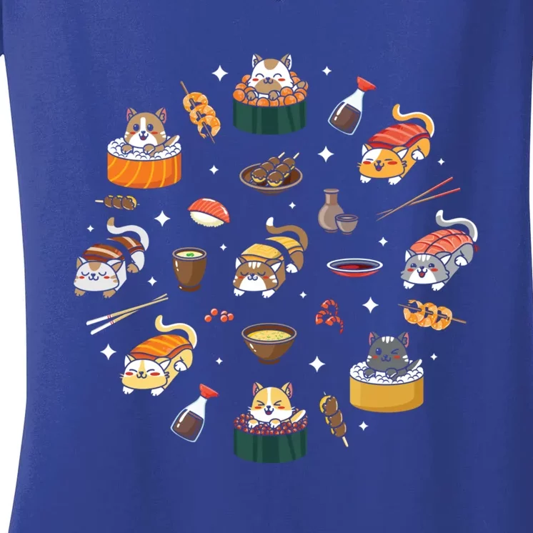 Cute Cat Sushi Roll Funny Japanese Rice Art Chef Cook Kitty Cute Gift Women's V-Neck T-Shirt