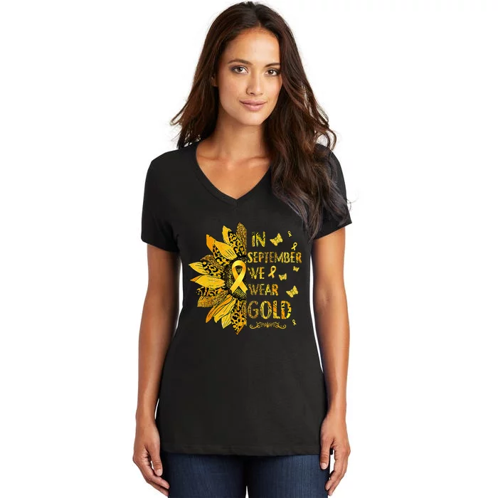 Childhood Cancer Sunflower In September We Wear Gold Women's V-Neck T-Shirt