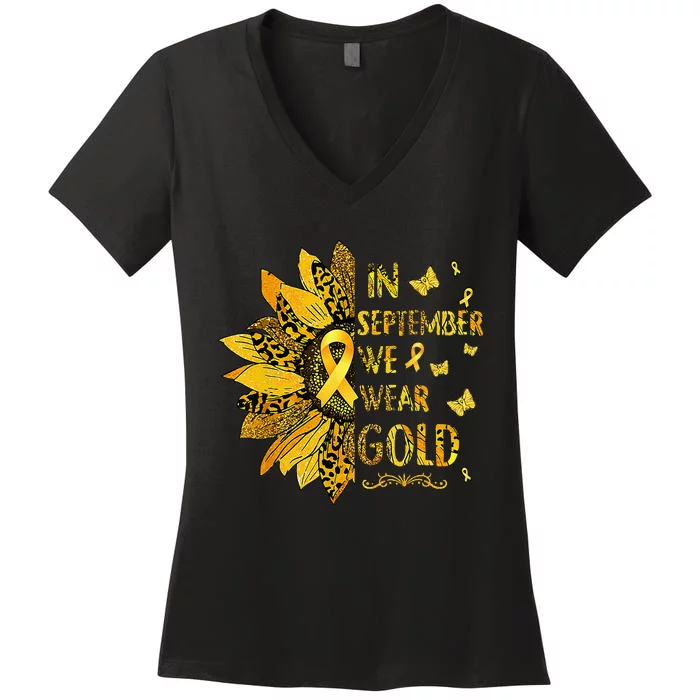 Childhood Cancer Sunflower In September We Wear Gold Women's V-Neck T-Shirt