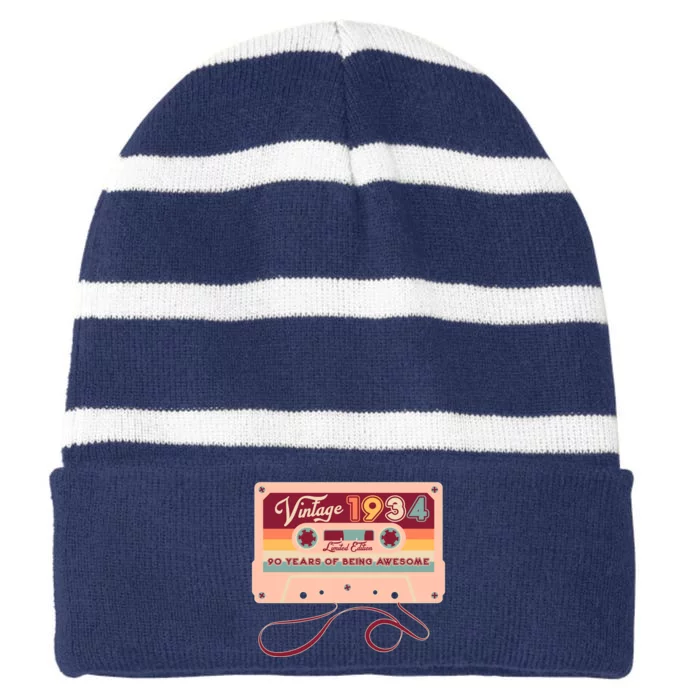 Cute Cassette Tape Limited Edition Vintage 1934 90 Years Of Being Awesome Striped Beanie with Solid Band