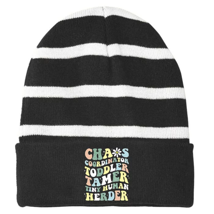 Chaos Coordinator Tamer Tiny Human Herder Daycare Striped Beanie with Solid Band