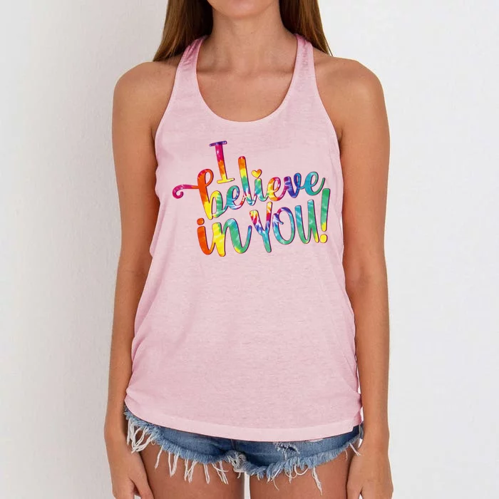 Cute Colorful Tie Dye I Believe In You Women's Knotted Racerback Tank