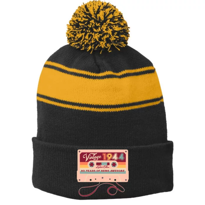 Cute Cassette Tape Limited Edition Vintage 1944 80 Years Of Being Awesome Stripe Pom Pom Beanie