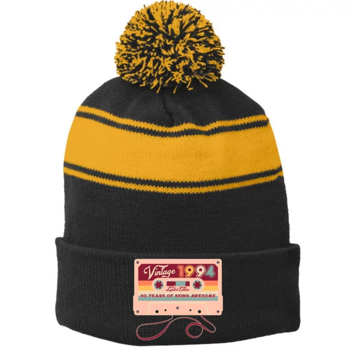 Cute Cassette Tape Limited Edition Vintage 1994 30 Years Of Being Awesome Stripe Pom Pom Beanie