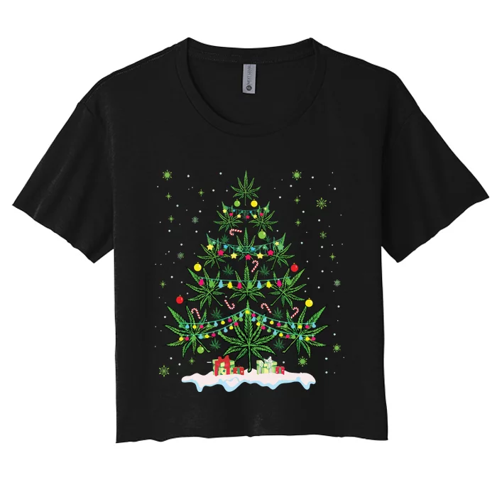 Cannabis Christmas Tree Xmas Funny Smoking Weed Marijuana Women's Crop Top Tee