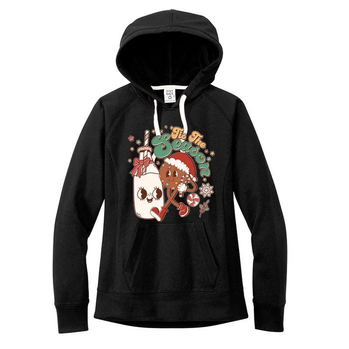 Cute Christmas Tis The Season Retro Cartoon Santa Cookie And Milk Women's Fleece Hoodie