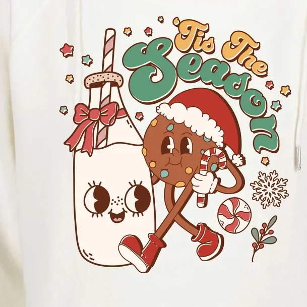 Cute Christmas Tis The Season Retro Cartoon Santa Cookie And Milk Womens Funnel Neck Pullover Hood