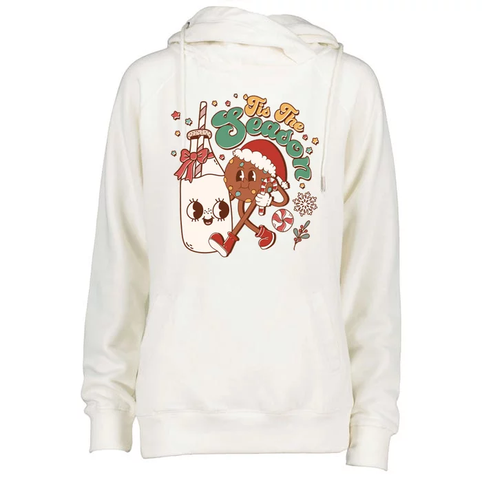 Cute Christmas Tis The Season Retro Cartoon Santa Cookie And Milk Womens Funnel Neck Pullover Hood