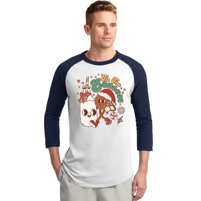 Cute Christmas Tis The Season Retro Cartoon Santa Cookie And Milk Baseball Sleeve Shirt