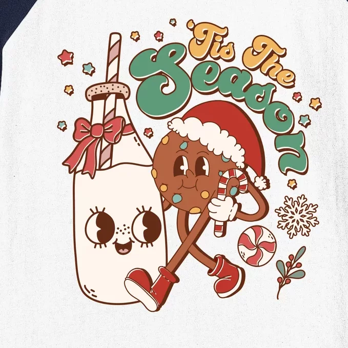 Cute Christmas Tis The Season Retro Cartoon Santa Cookie And Milk Baseball Sleeve Shirt