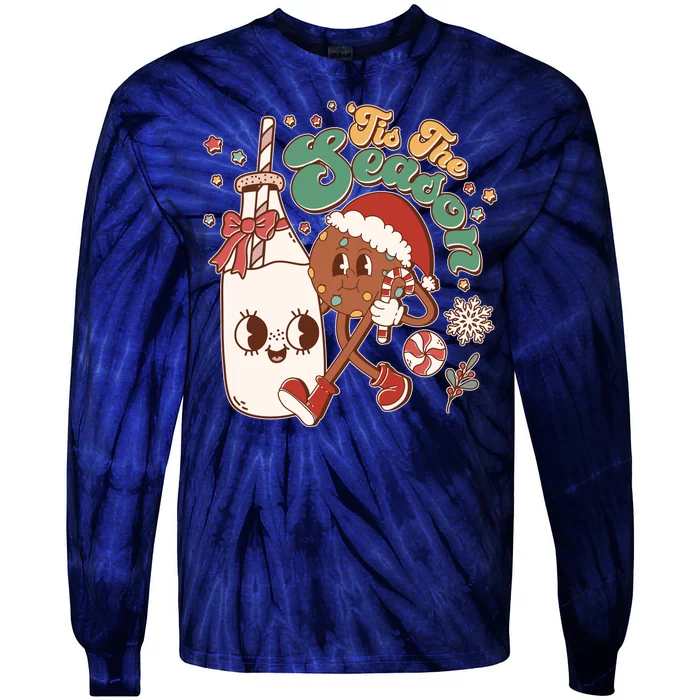 Cute Christmas Tis The Season Retro Cartoon Santa Cookie And Milk Tie-Dye Long Sleeve Shirt