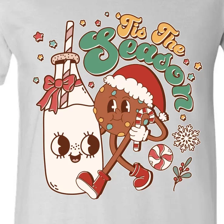 Cute Christmas Tis The Season Retro Cartoon Santa Cookie And Milk V-Neck T-Shirt