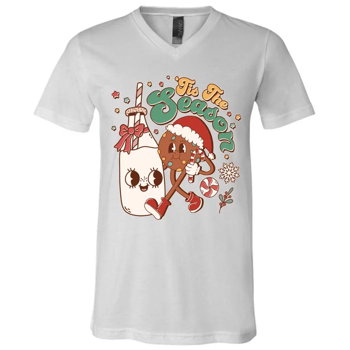 Cute Christmas Tis The Season Retro Cartoon Santa Cookie And Milk V-Neck T-Shirt