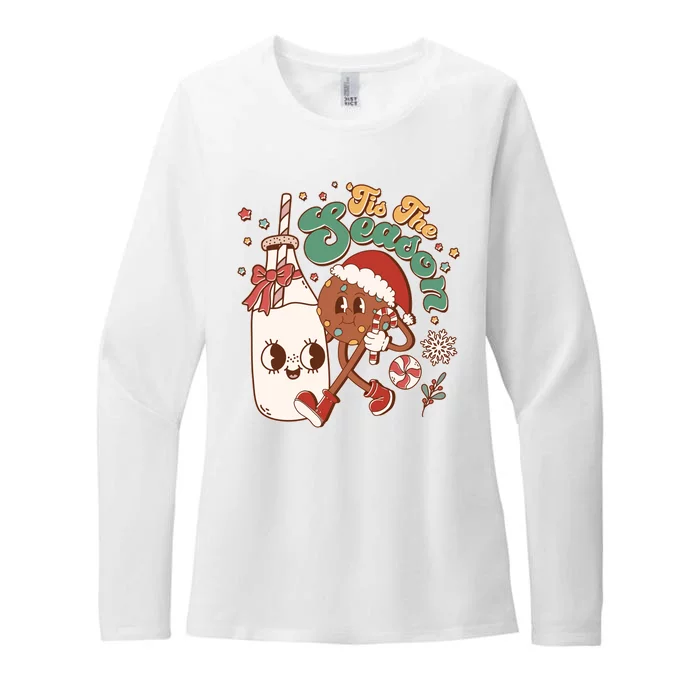 Cute Christmas Tis The Season Retro Cartoon Santa Cookie And Milk Womens CVC Long Sleeve Shirt