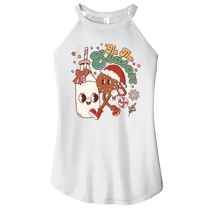 Cute Christmas Tis The Season Retro Cartoon Santa Cookie And Milk Women’s Perfect Tri Rocker Tank