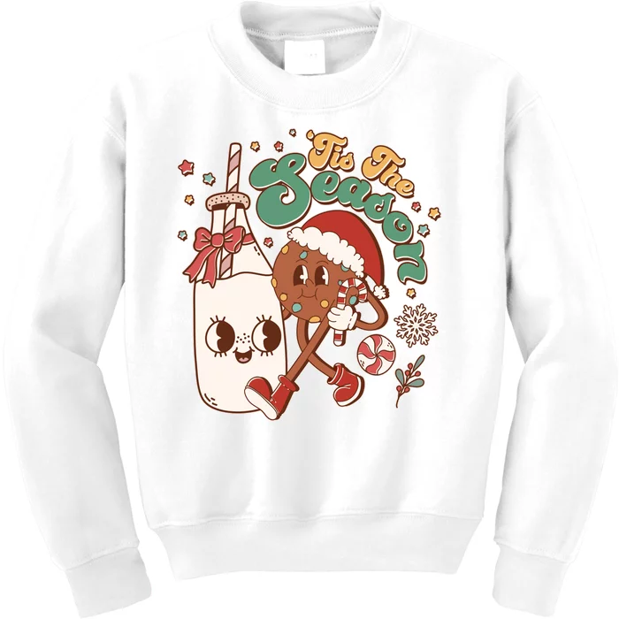 Cute Christmas Tis The Season Retro Cartoon Santa Cookie And Milk Kids Sweatshirt