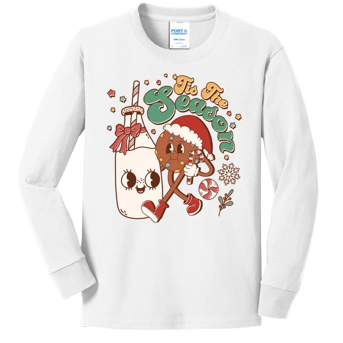 Cute Christmas Tis The Season Retro Cartoon Santa Cookie And Milk Kids Long Sleeve Shirt