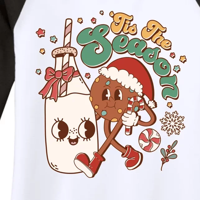 Cute Christmas Tis The Season Retro Cartoon Santa Cookie And Milk Women's Tri-Blend 3/4-Sleeve Raglan Shirt