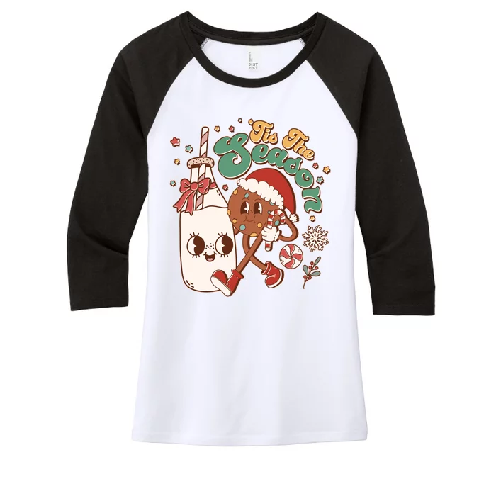 Cute Christmas Tis The Season Retro Cartoon Santa Cookie And Milk Women's Tri-Blend 3/4-Sleeve Raglan Shirt