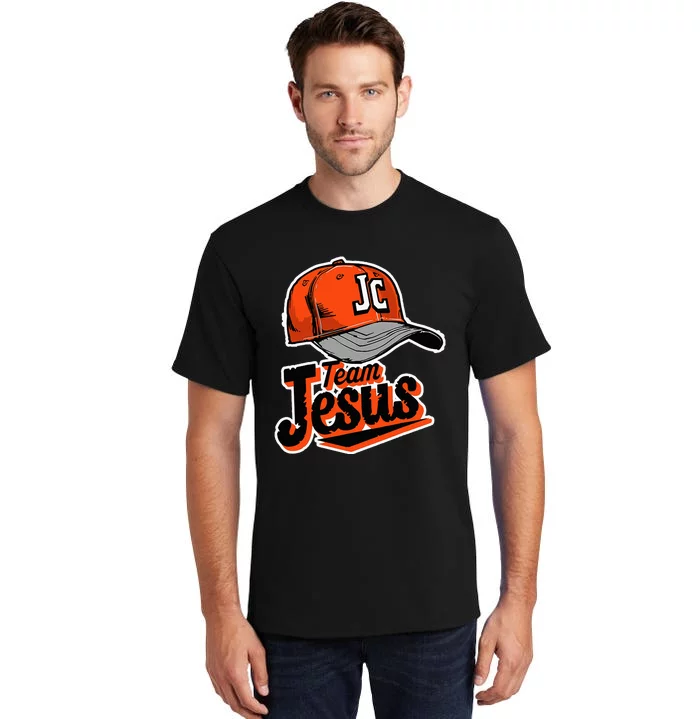 Christian Clothing Team Jesus Orange Baseball Hat Retro Tall T-Shirt