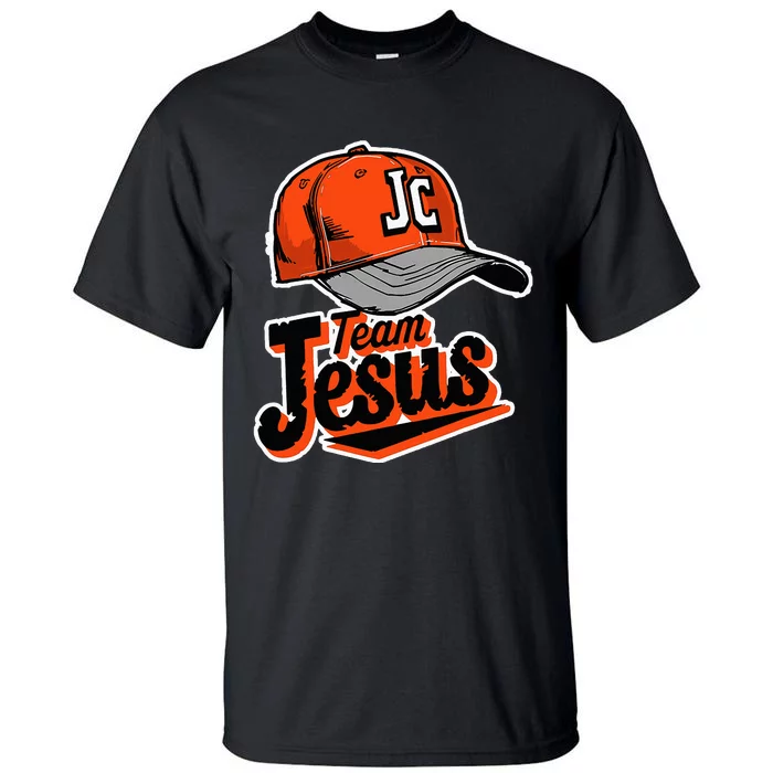 Christian Clothing Team Jesus Orange Baseball Hat Retro Tall T-Shirt