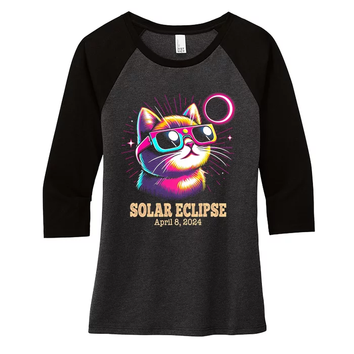 Cute Cat Total Solar Eclipse April 8 2024 Women's Tri-Blend 3/4-Sleeve Raglan Shirt