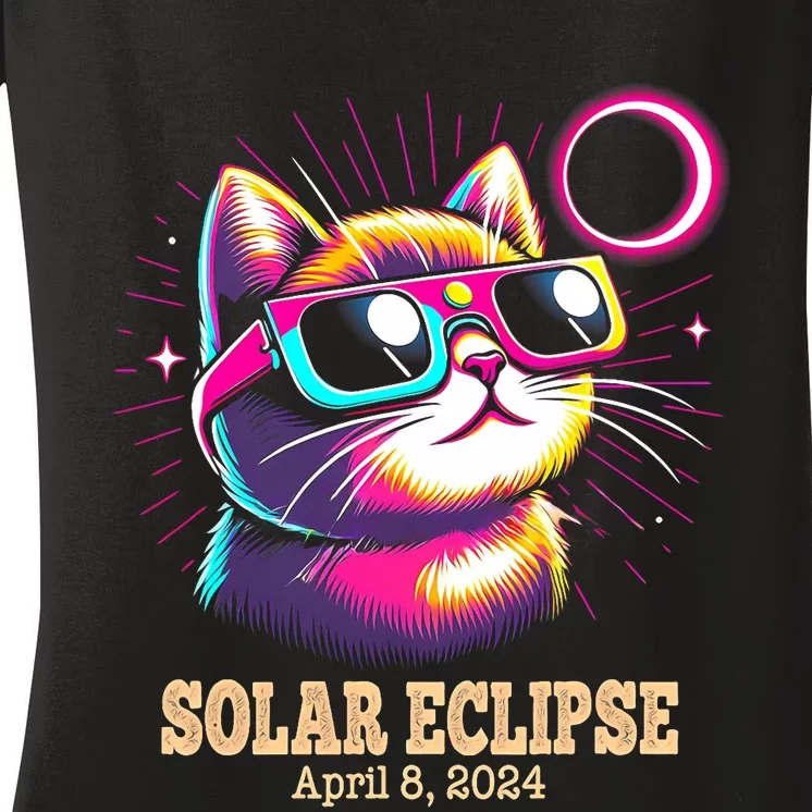 Cute Cat Total Solar Eclipse April 8 2024 Women's V-Neck T-Shirt