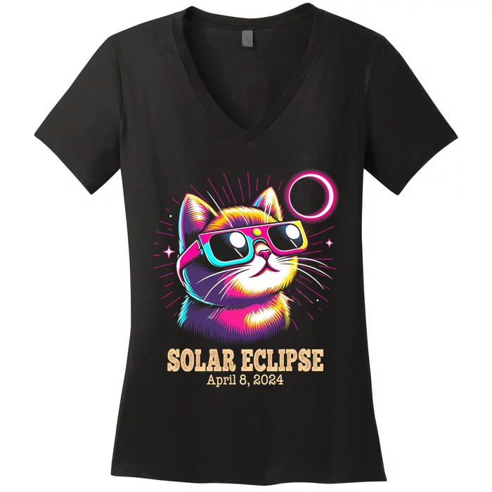 Cute Cat Total Solar Eclipse April 8 2024 Women's V-Neck T-Shirt