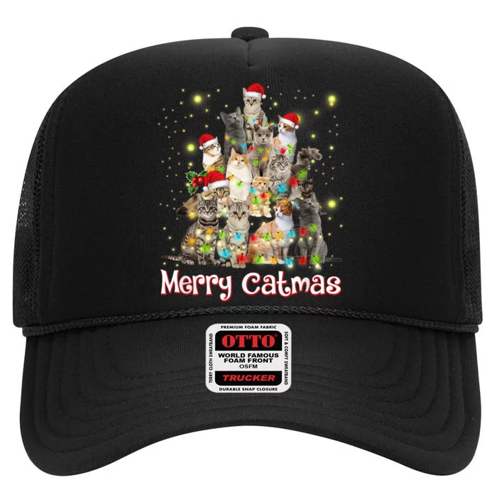 Cat Christmas Tree, Merry Catmas, Funny Cats, Xmas High Crown Mesh Trucker Hat