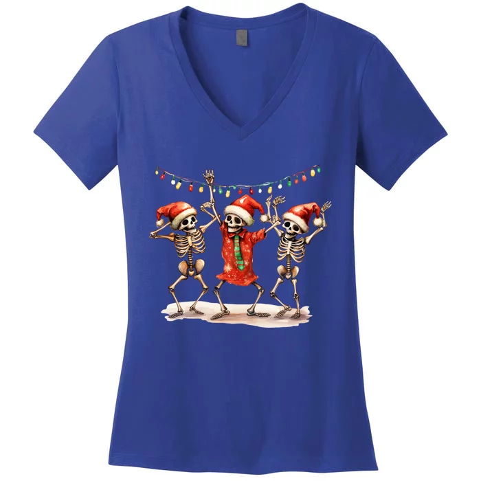 Christmas Cute Three Skeletons Dancing Matching Pajamas Xmas Gift Women's V-Neck T-Shirt