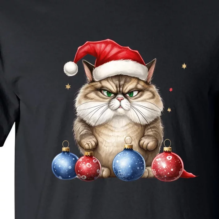 Cat Christmas Tree Balls Santa Hat Tall T-Shirt