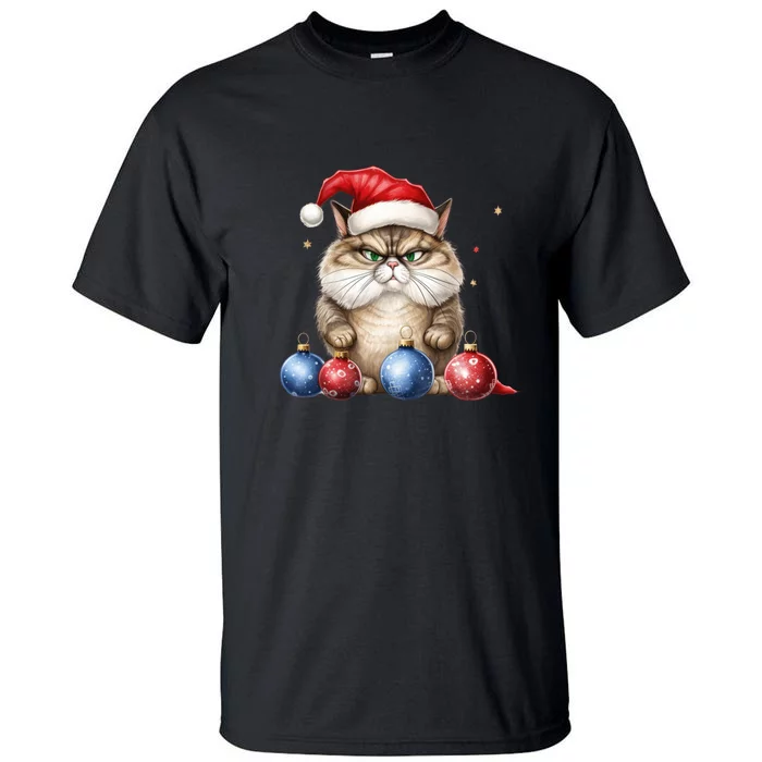 Cat Christmas Tree Balls Santa Hat Tall T-Shirt