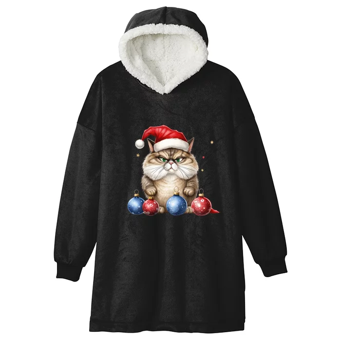 Cat Christmas Tree Balls Santa Hat Hooded Wearable Blanket