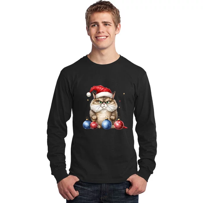 Cat Christmas Tree Balls Santa Hat Tall Long Sleeve T-Shirt