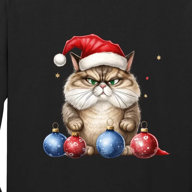 Cat Christmas Tree Balls Santa Hat Tall Long Sleeve T-Shirt