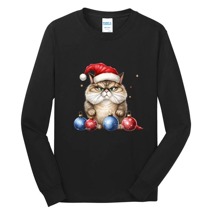 Cat Christmas Tree Balls Santa Hat Tall Long Sleeve T-Shirt